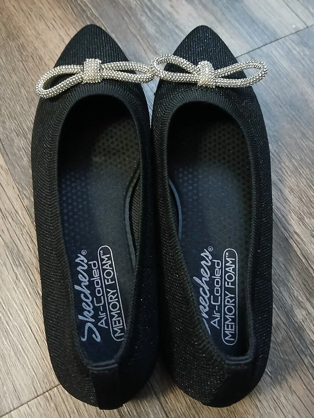 Skechers Black Pointed Toe Flats with Rhinestone Bow Accent